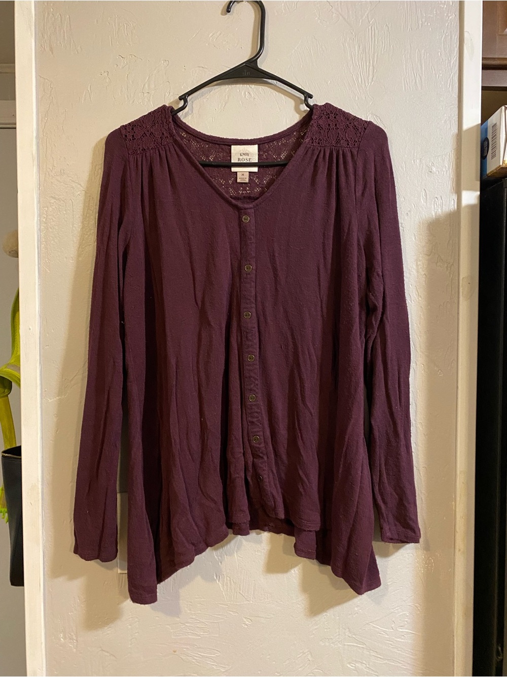 Knox Rose Plum Button-Down Lace Shoulder Blouse